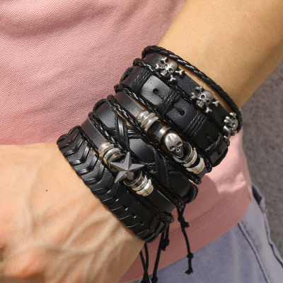 6 Mens Adjustable Punk Wrist Bracelet Skull Jewelry For Pcs Black Braided
