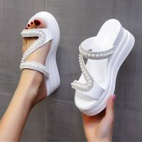 2023 Summer Fashion Sandals Pearl Rhinestone Thick Bottom Wedges High Heels Plus Size Sandals New Comfy Women Dressy Slippers