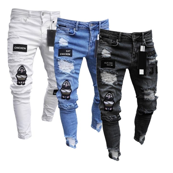 กางเกงยีนส์รัดรูป-rasgado-el-sticko-masculino-กางเกงยีนส์-preto-de-motociclista-desenho-animado-borado-bordado-fino-ฮิปฮอป-alta-qualta-qualidade