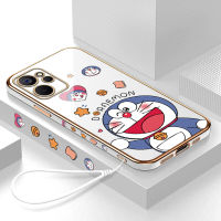 เคสโทรศัพท์พร้อมสำหรับ Realme 10T 5G เคส Hp Realme 10T 5G (ฟรีสายคล้อง) ลายการ์ตูนโดราเอมอนน่ารักลายขอบสี่เหลี่ยมแมวมีความสุขปลอกชุบเคสโทรศัพท์ชุบหรูหราชุบเคสโทรศัพท์นิ่ม