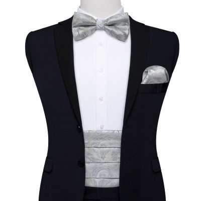 ผู้ชาย Tuxedo Cummerbund เงินผ้าไหม Paisley Bow Tie Handerchif Cufflinks ชุดงานแต่งงานอย่างเป็นทางการ Cummerbunds เอว DiBanGu