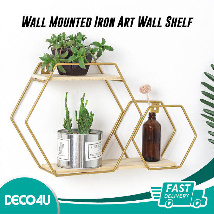 Wall Mounted Iron Art Wall Shelf Double Hexagon Iron Hanging Storage