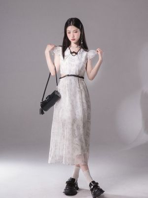 ชุดเดรสมิดิทรง A-Line ใหม่2023ชุดยาวผ้าพิมพ์ลายหมึกจีนใหม่จาก Qingyouye