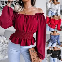 ☃㍿ Chiffon Blouse Off-shoulder Long-sleeved Shirt Korean Waist Slimming Load Blouses Short Bottom-up Tshirt Women Puff Sleeve Top