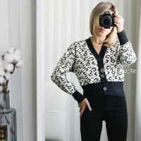 Autumn  New Short Jacket Foreign V-neck Jacket Leopard Knit Cardigan Sweater