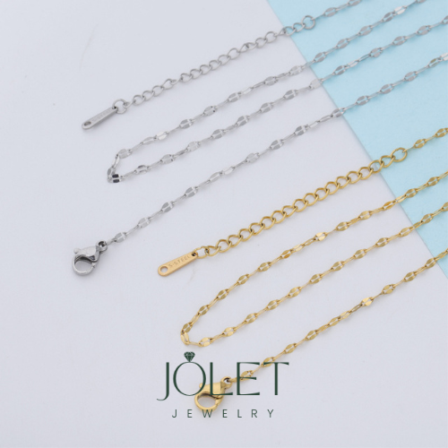 jolet-สร้อยคอลาย-โซ่แบน-สีเงิน-สีพิ้งโกล-สีทอง-สแตนเลสแท้-โดนน้ำหอม-อาบน้ำ-ออกกำลังกาย-ลงทะเลได้-ไม่ลอก-ไม่ดำ