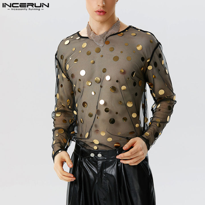 incerun-เสื้อยืดลายจุดปักเลื่อมแวววาวเสื้อยืดคอกลมแขนยาวสำหรับผู้ชาย-สไตล์ตะวันตก