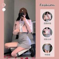 Spring Sexy High Street Pink Office Jk Uniform Top Blouse Gray Skirt 3Pcs Y2K WomenS Clothing Korean Fashion Seifuku Uniform