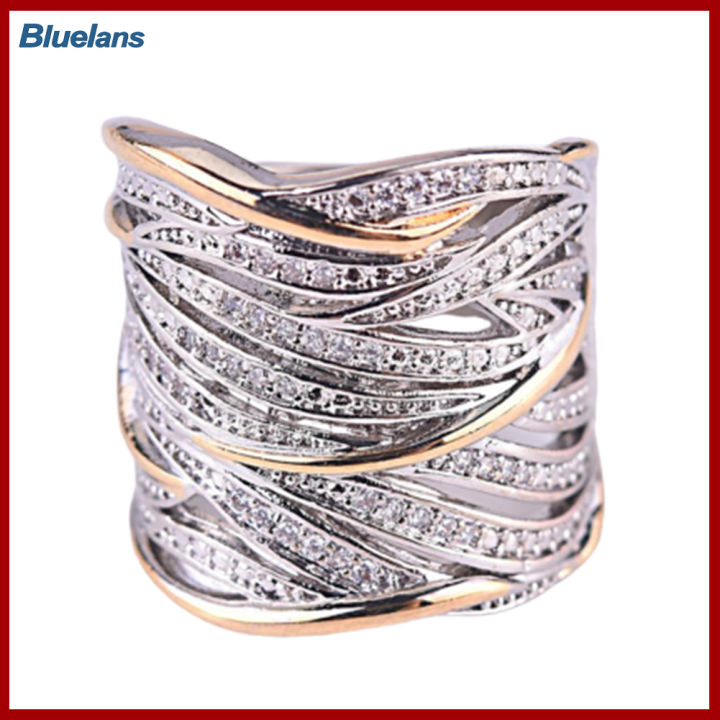 Bluelans®เครื่องประดับแหวนนิ้วมืองานปาร์ตี้หลายชั้นฝังพลอยเทียมแบบทูโทนสำหรับผู้หญิง