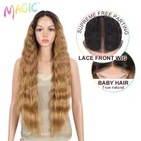 MAGIC Synthetic Lace Wigs For Black Women 30 inch Long Deep Wavy Wig Ombre Blonde Wig High Temperature Synthetic Cosplay Wig Wig  Hair Extensions Pads