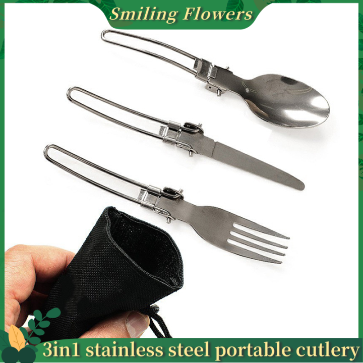 3pcs Outdoor Travel Stainless Steel Folding Cutlery Set With Knife, Fork,  Spoon