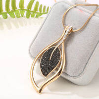 Trendy Womens Necklaces female Sweater Chain Long Necklace Fashion Jewelry Black Rhinestone Leaf Shape Pendant Necklace 2020