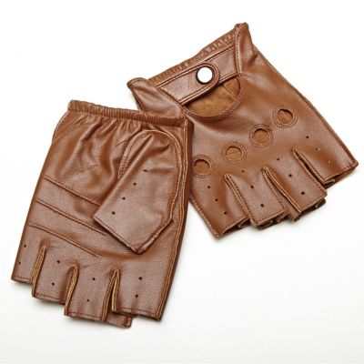 hotx【DT】 Men Sheepskin Gloves Leather Fingerless Driving Cycling Motorcycle Unlined Half