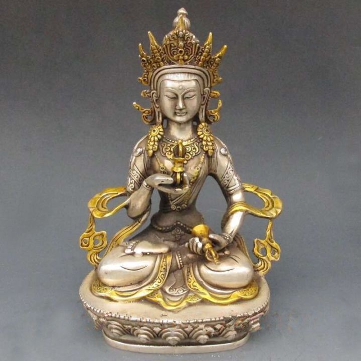 Vintage Tibet Gümüş Bakır Yaldızlı Tibet Budizm Heykeli-Beyaz Tara Buda ...