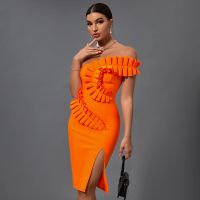 【YF】 High Quality Women Red Green Ruffles Sleeve Strapless Rayon Bandage Dress Elegant Cocktail Party Vestidos