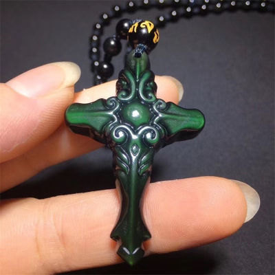 Natural Obsidian Crystal Stone Hand Made Carved Cross Amulet Pendant Crystal Fashion Carved Figurine Necklace Gifts