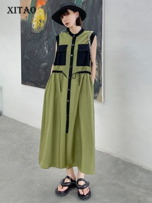 XITAO Contrasting Colors Dress Fashion Casual Drawstring Waist Loose Sleeveless   Women