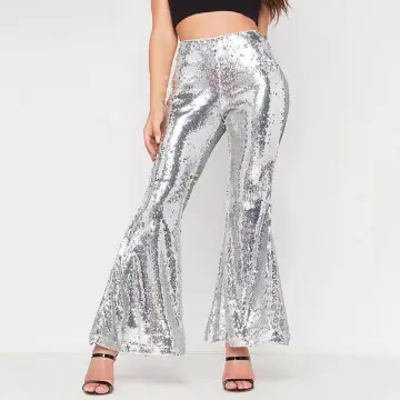Fashion (A)Women Shiny Flare Trousers Laser Metallic Wetlook