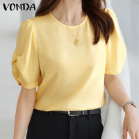 VONDA Women Casual Crew Neck Gathered Sleeves Short Sleeves Cover Up Tops (สาเหตุเกาหลี)