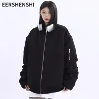 EERSHENSHI เสื้อแจ็คเก็ตเอวลอยคู่ที่เรียบง่ายหนาทรงหลวมไม่มีหมวกสำหรับทั้งชายและหญิง