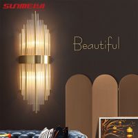 Sunmeiyi Nordic โคมไฟ LED คริสตัลสีทองสําหรับติดตกแต่งผนังห้องนอนห้องนั่งเล่นห้องนอน