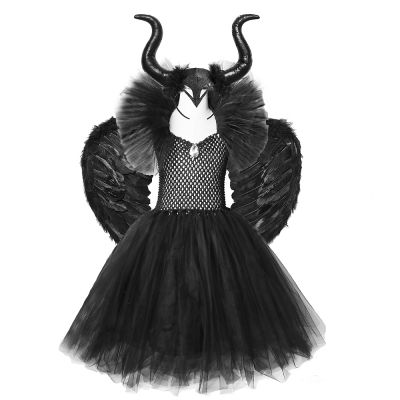 〖jeansame dress〗สีดำทึบเครื่องแต่งกายสาว TutuAnkle ความยาวชุดปีศาจ CostumeOutfits แตรปีก