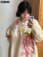 KOSAHIKI Japanese Kawaii Sweater Women Harajuku Knitted Jumper Loose Casual Strawberry Contrast Knitwear Tops Cute Streetwear