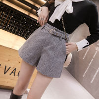 New Autumn Winter High Waist Wide Leg Woolen Shorts Women Khaki Gray Black Outerwear Warm Shorts With Belt A-line Short Femme