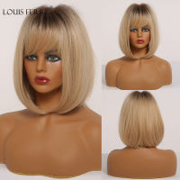 LOUIS FERRE Short Straight Brown Golden Blonde Ombre Synthetic Wigs With Bangs Women Cosplay Lolita Bob Hair Wig Heat Resistant