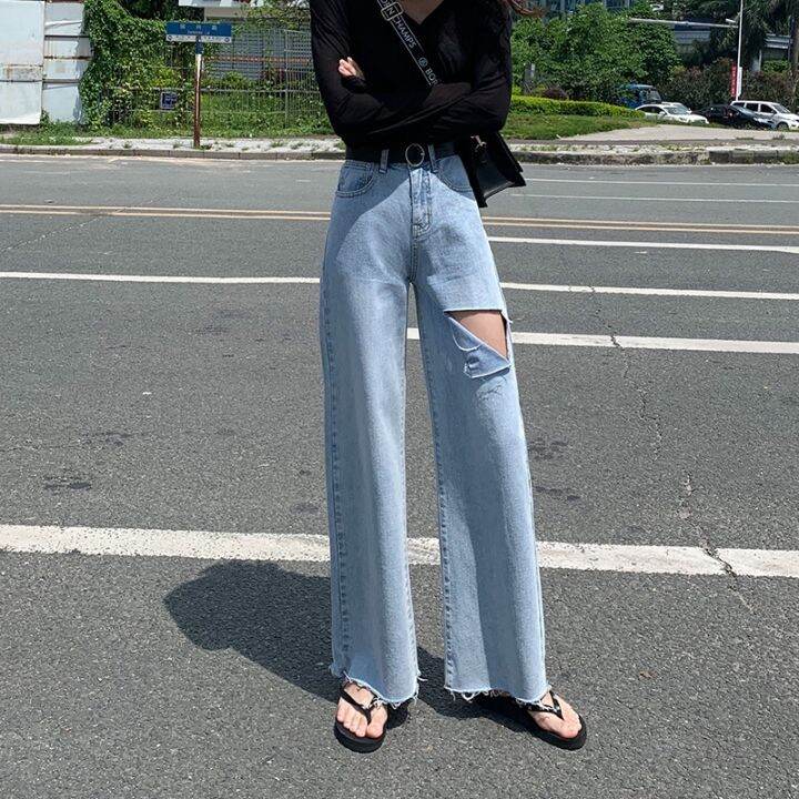 plus-size-women-jeans-korea-loose-high-waist-hole-wide-leg-straight-casual-pants