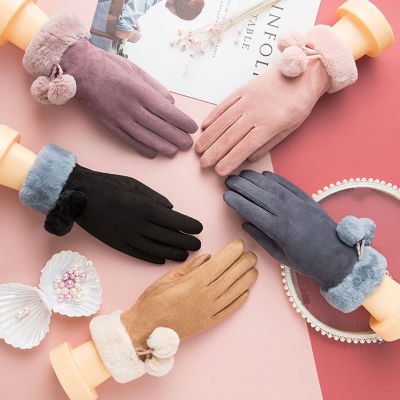 NEW2022 2022 Luxury Suede Gloves Mitts Full Finger Mittens Right Index Finger Screen Glove Velvet Thick Women Winter Warm