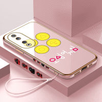 GGK เคสสำหรับ Honor 90 5G 90 Lite 5G ฟรีสายคล้องการ์ตูนเกาหลีเกมปลาหมึกขอบสี่เหลี่ยมลวดลายเคสโทรศัพท์ชุบหรูหราเคสโทรศัพท์นิ่ม