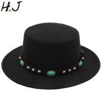 [A Flexible] แฟชั่นผู้หญิงแบน Homburg Fedpra หมวก ForAutumnLady ขนสัตว์ PorkBoater หมวกพังก์เข็มขัดขนาด56 58เซนติเมตร