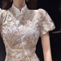 【CW】 New Women Summer Cheongsam Young Girl Palace Style 2022 Retro Dress French Style Female Long Qipao Puff Sleeve