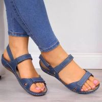 ร้อน, ร้อน★sandals for women breathable comfortable flat wedge heel womens shoes open-toe Velcro sandals size 35-43 Size new large