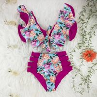 Maillot de bain deux pièces à volants taille haute Sexy Bikini pour femmes modèle Floral vêtements de plage col en v