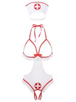 Sexy Womens Fantasy Nurse Cosplay Roleplay Lingerie Set Halter Neck Open Cups Crotchless Tie-on Leotard Bodysuit with Headband