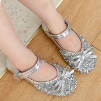 New Children Leather Shoes Bow Princess Girls Party Dance Shoes Student Flat Shoes Kids Glitter Rhinestone Performance Mary Jane