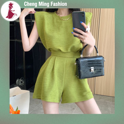 Cheng Ming 2ชิ้นกางเกงขาสั้นสำหรับผู้หญิงชุดสองชิ้นกางเกงขาสั้นสำหรับฤดูร้อนแขนกุดสีทึบเซ็ตสองชิ้น