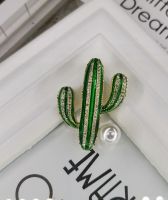 Fashion Jewelry Wholesale Korean Crystal Rhinestone Imitation Pearl Green Plant Cactus Clothing Brooch Pin Accessories