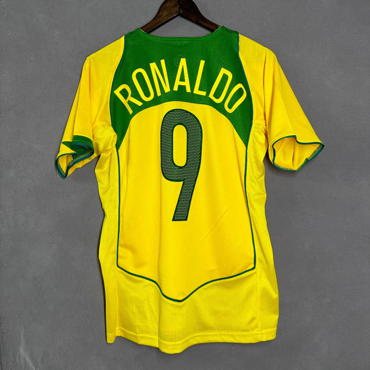 เสื้อกีฬาแขนสั้น-ลายทีมชาติฟุตบอล-brazil-ronaldor-dini-okaka-สีเหลือง-2004