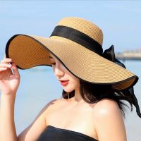 ??หมวกสานผู้หญิง [รุ่นC002] หมวกปีกกว้าง หมวกเที่ยวทะเล หมวกกันแดด หมวกแฟชั่น ขอบสีดำ โบว์สีดำ