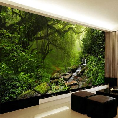 ภาพวาดผนังทิวทัศน์ธรรมชาติป่าไม้แท้สีเขียว3d วอลล์เปเปอร์ตกแต่งผนังสติ๊กเกอร์ติดผนังด้วยตนเองตกแต่งห้องนั่งเล่นกำหนดขนาดได้เอง