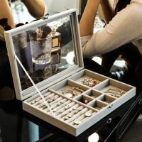 【hot】✉☫♤  Gray Carrying with Glass Cover Jewelry Display Tray Holder Storage Organizer Earrings