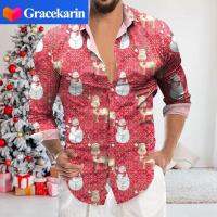 Gracekarin ระบายอากาศได้ดีร่องกระดุมเสื้อผู้ชายลำลองคอปกพิมพ์ลายคริสต์มาสใหม่