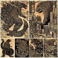 Vintage City Monster Wall Art ภาพวาดผ้าใบสำหรับตกแต่งห้องนั่งเล่น-มอนสเตอร์ทำลายโปสเตอร์ศิลปะเมืองและพิมพ์-Unframed