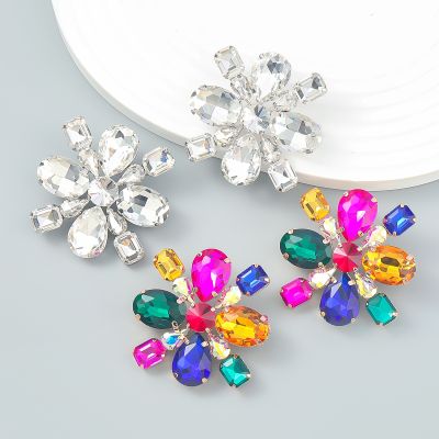 【CW】 New Trend Glass Floral Metal Rhinestone Earrings Exaggerated Stud Jewelry AccessoriesTH