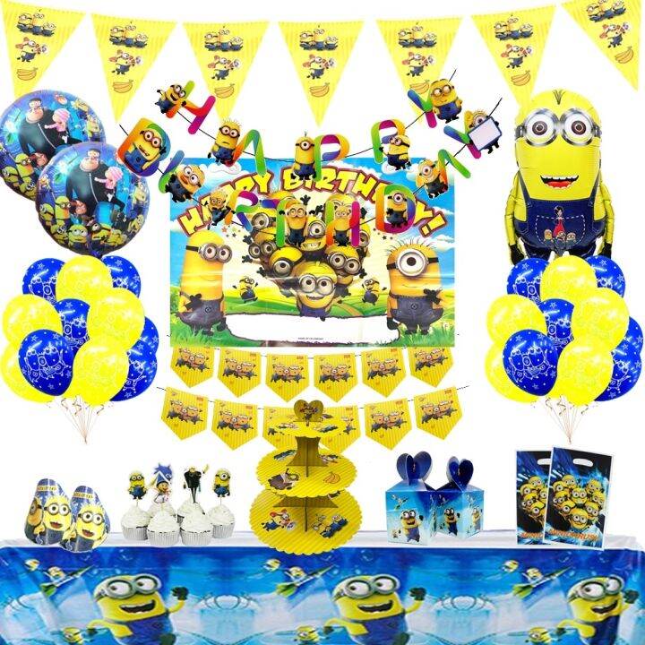 Minions Theme Birthday Decorations Balloons Table Cover Banner Kid's ...