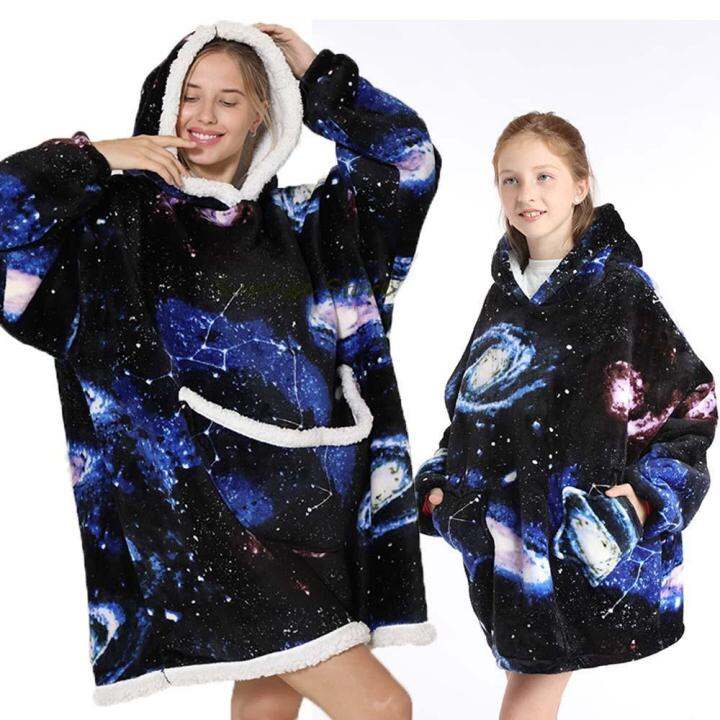 mother-kids-matching-pajamas-unicorn-girls-sleepwear-winter-warm-polar-fleece-oversized-hoodies-blanket-sherpa-homewear