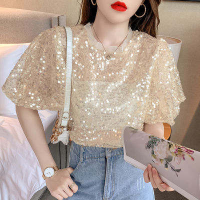 Women Sequined Top Short Sleeve Bling Shiny T Shirt Lady Sparkling T Shirt Formal Clothes Temperament Party Nightclub Dress